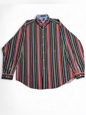 VTG 90s Tommy Hilfiger Rugby Vertical Stripe Button Down Shirt Crest Preppy XL